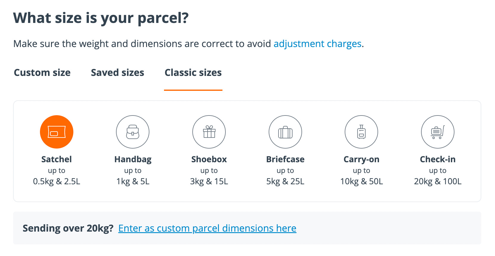 sendle-canada-parcel-sizes-dashboard-interface