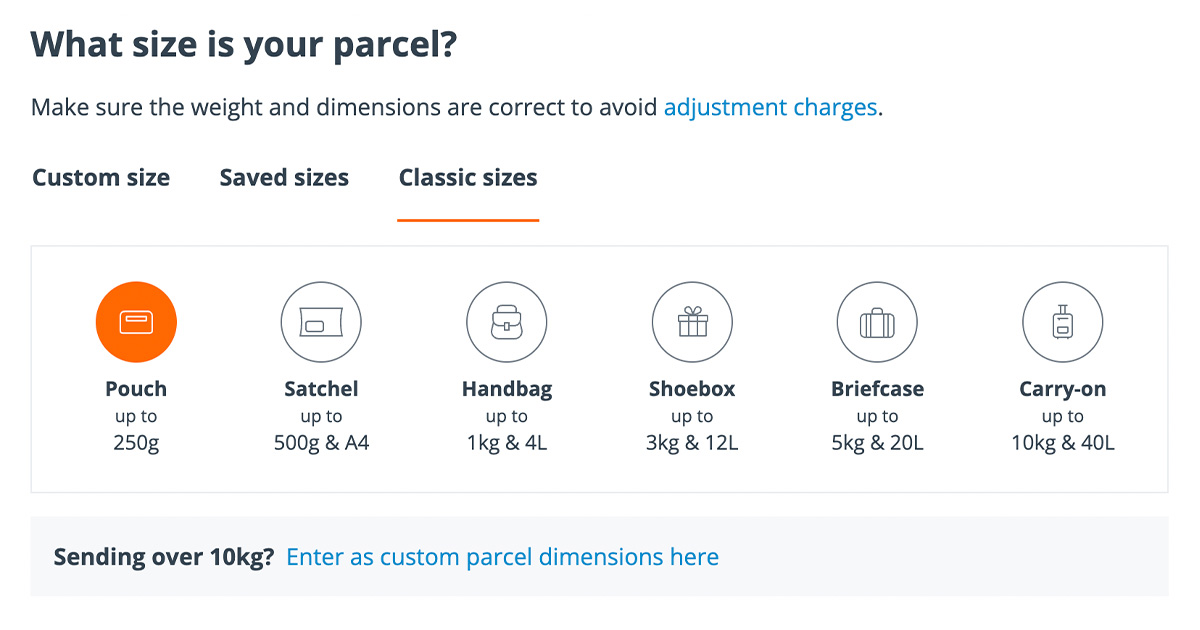 sendle-parcel-sizes-dashboard-interface