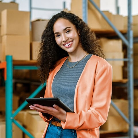 happy-woman-in-warehouse-holding-tablet