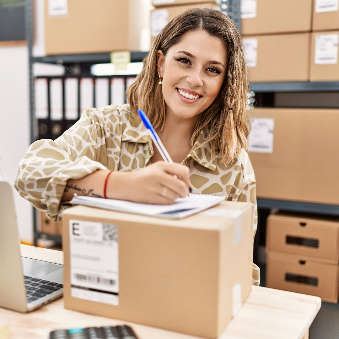 woman-on-parcel-calculating-while-smiling