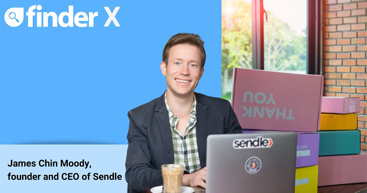sendle founder ceo james chin moody in front of laptop finder x logo upper left corner