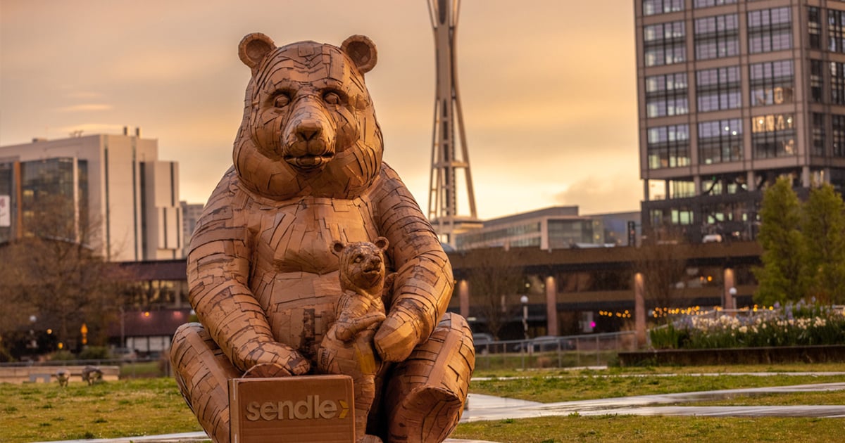 Sendle grizzly bear made of used carboard boxes installation in Seattle United States