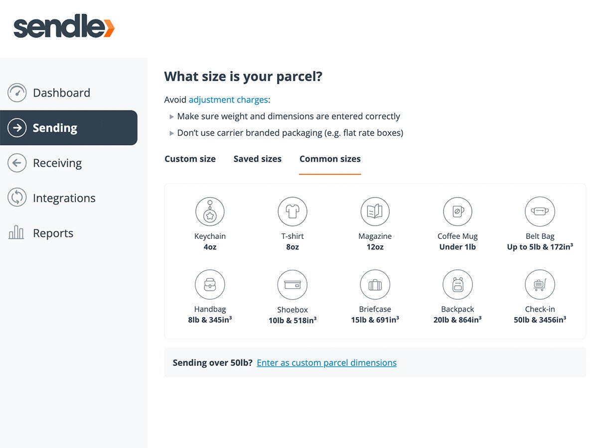 Sendle package size dashboard