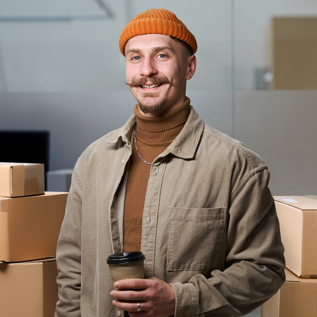 a-man-holding-a-cup-of-coffee-inside-office-full-of-parcels