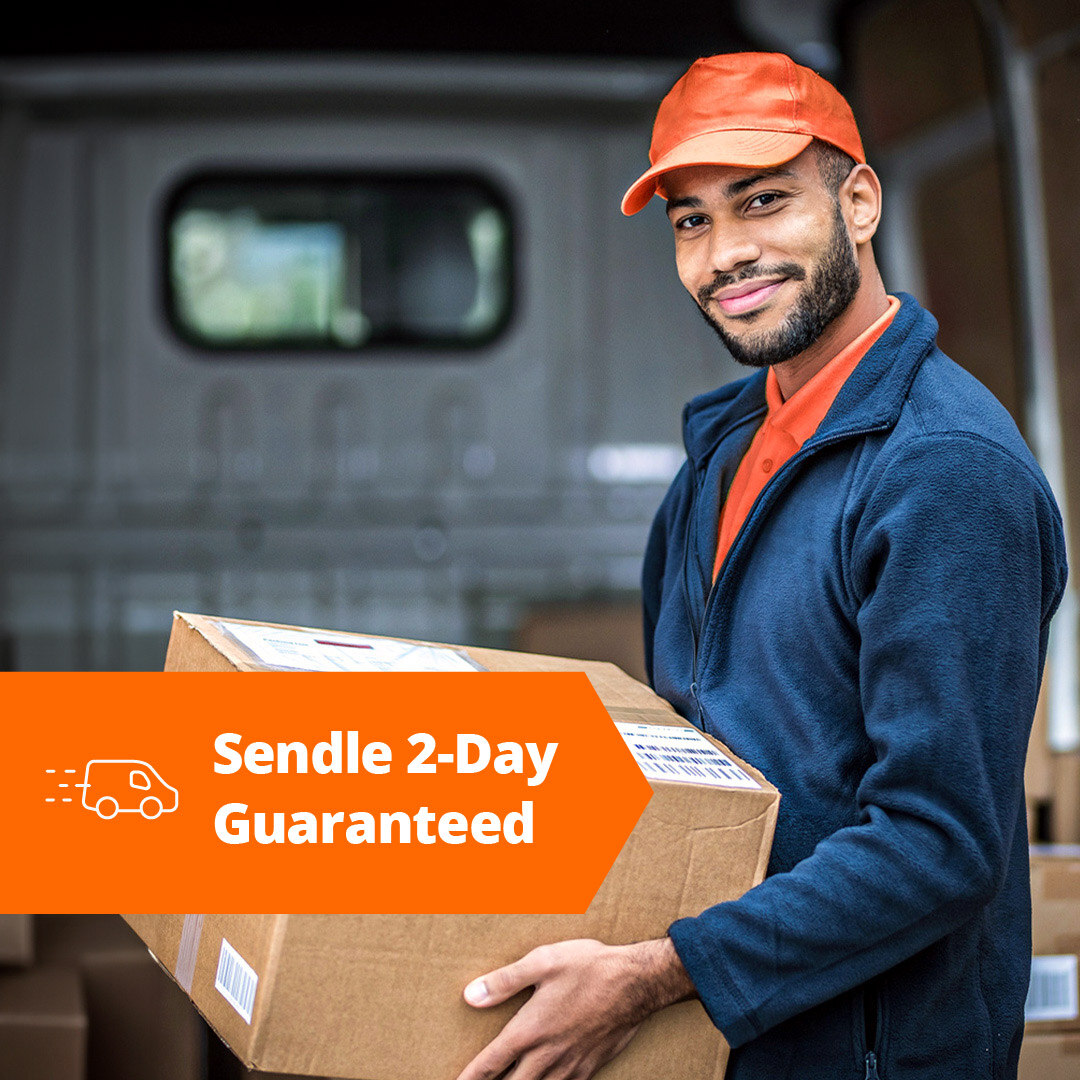 Sendle 2 day guaranteed badge with courier smiling