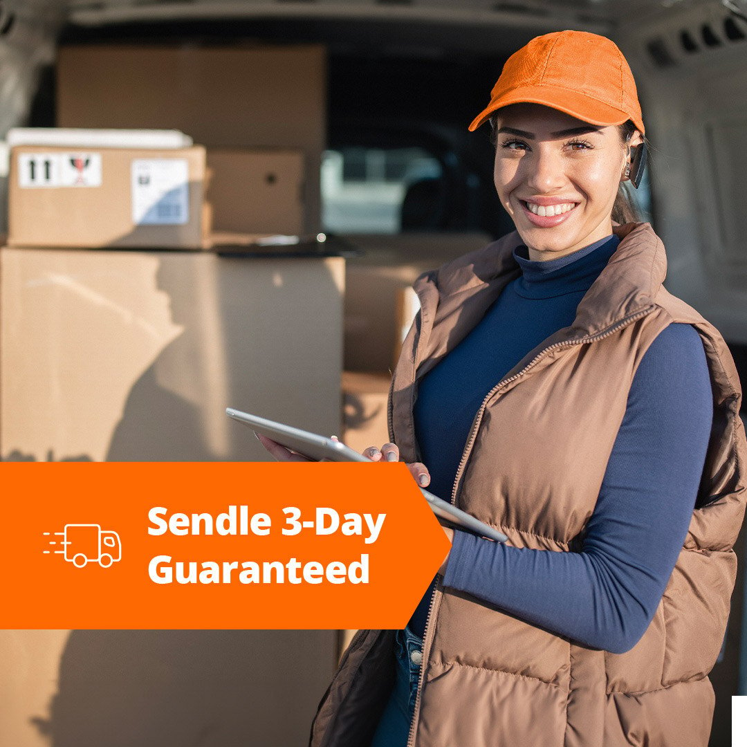 Sendle 3 day guaranteed badge with courier smiling