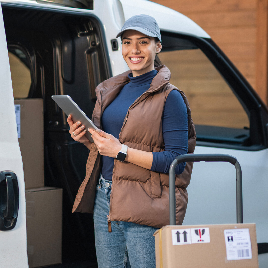 smiling-woman-courier-with-a-lot-of-parcels